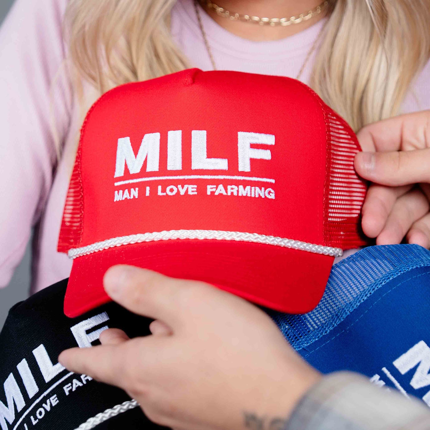 MILF Red Embroidered Cotton Trucker Hat