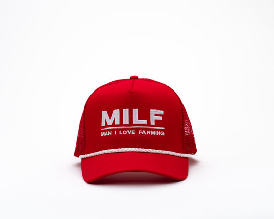MILF Red Embroidered Cotton Trucker Hat