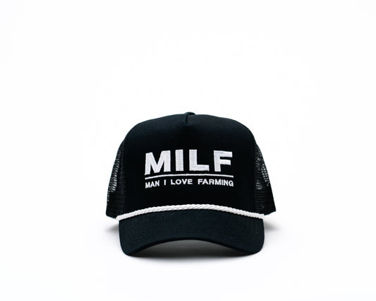 MILF Embroidered White Rope Trucker Hat
