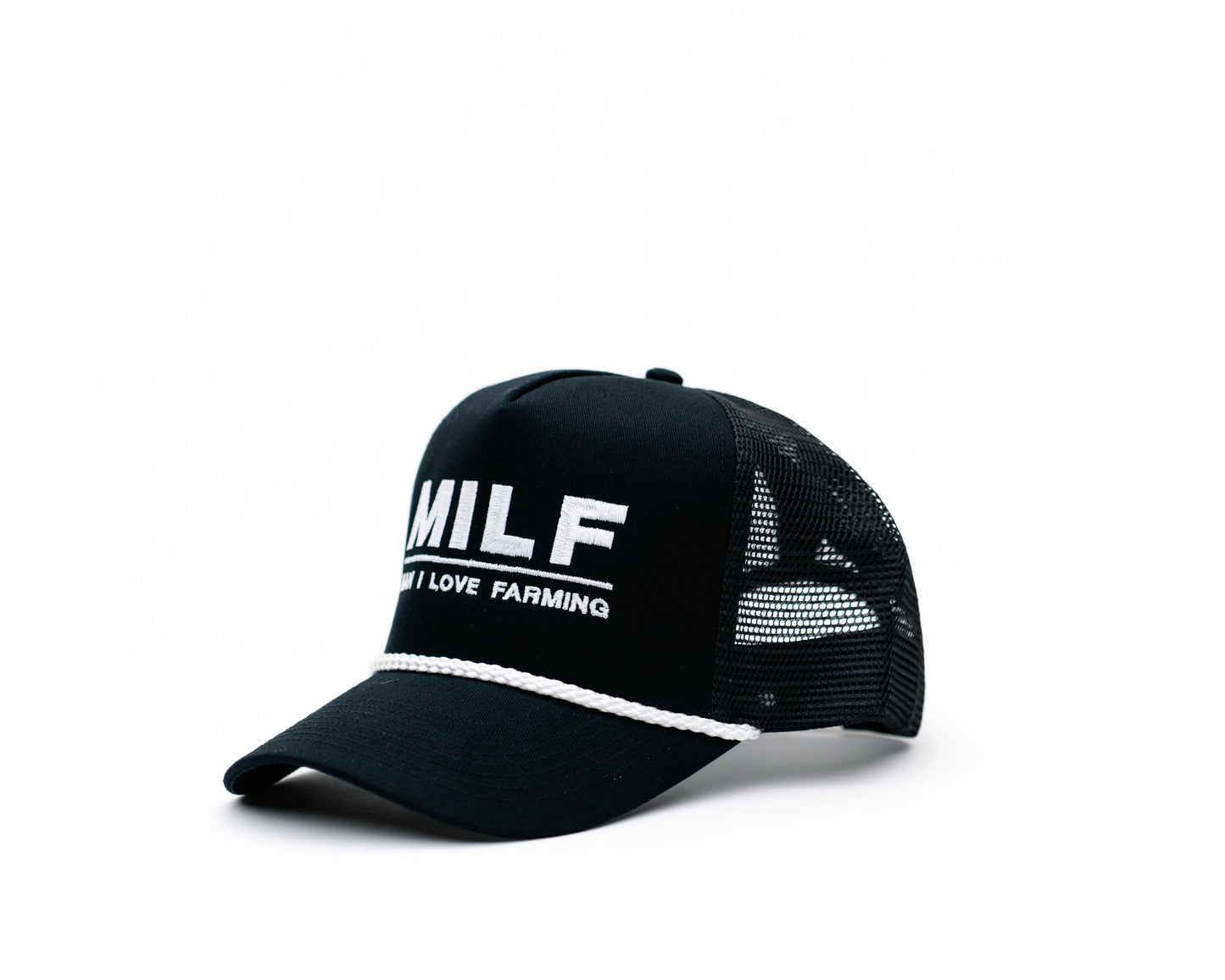 MILF Embroidered White Rope Trucker Hat